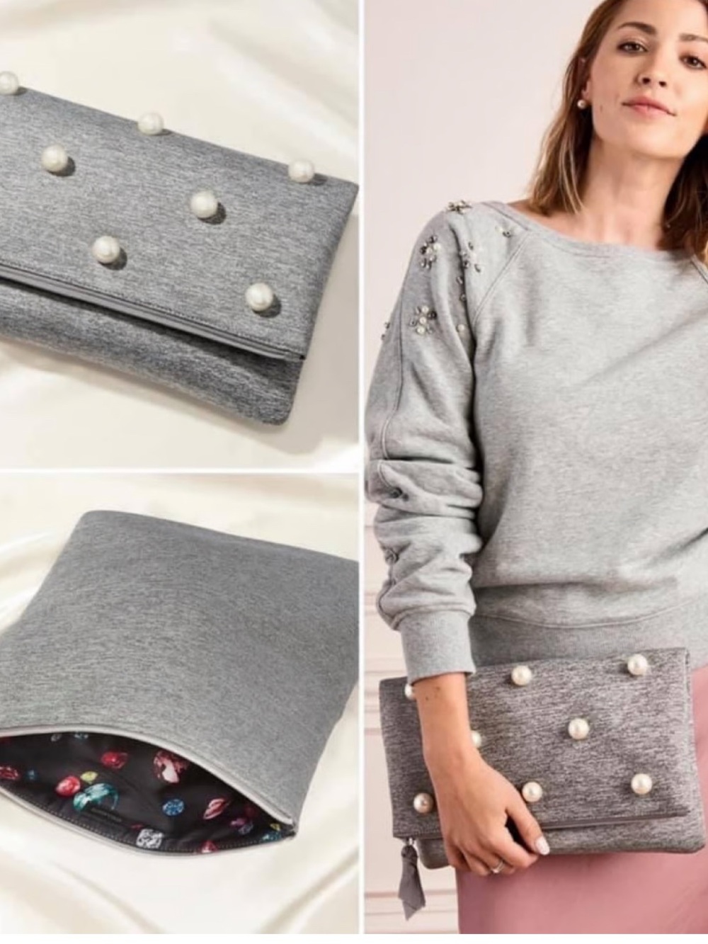 Stella & Dot Grey Pearl-Embellished Foldover Clutch. NWOT